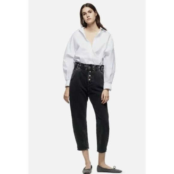 Zara High Waisted Paperbag Mom Jeans Loose Fit Barrel Style Elastic Waist Size 6 - Picture 1 of 10